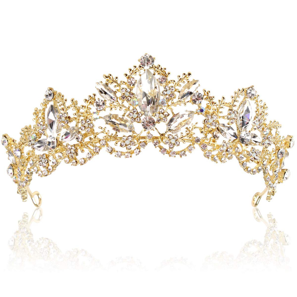 Exacoo gold tiara front view showing elegant crystal sparkle and regal look
