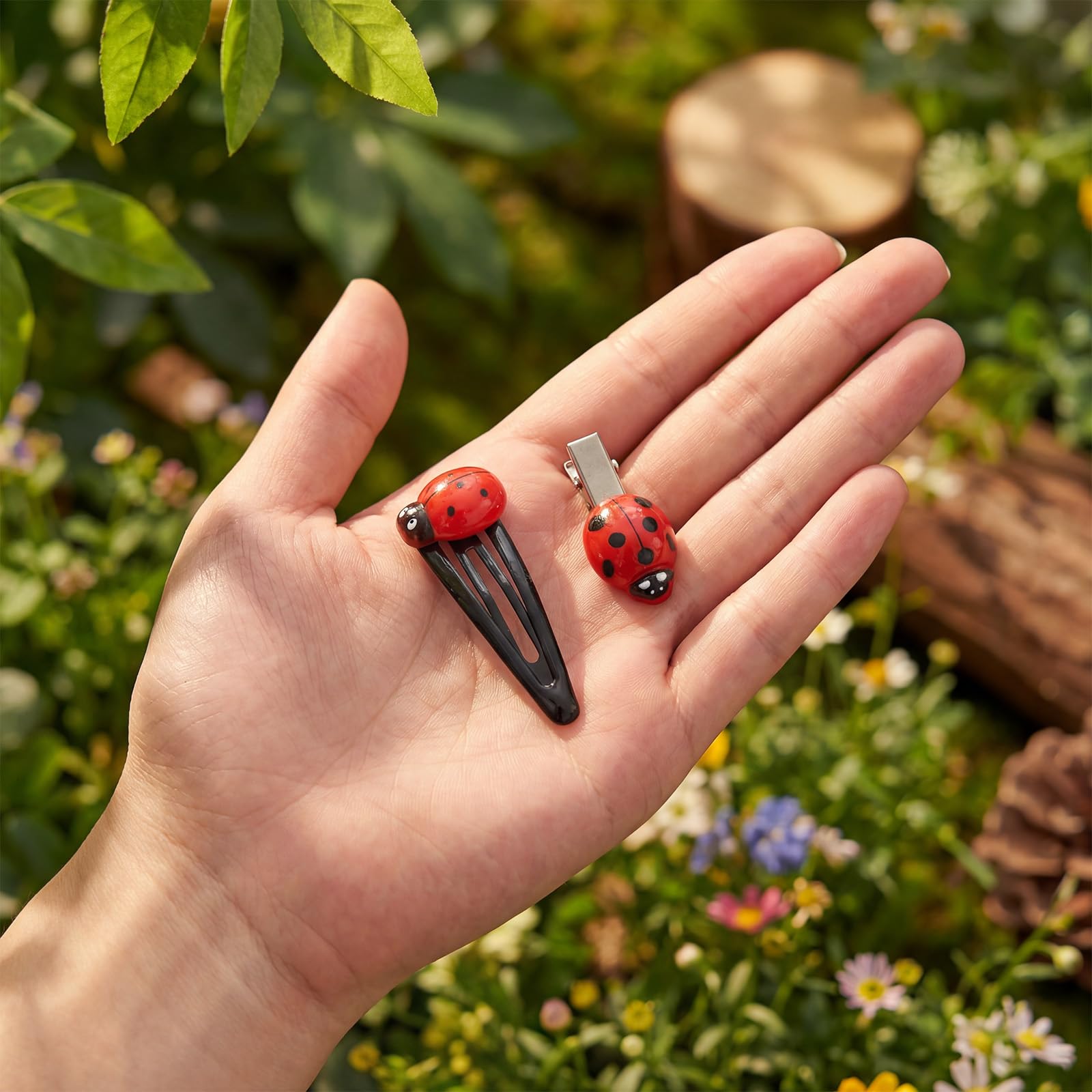 Exclaith ladybug clips worn in styled hair illustrating decorative accent benefit