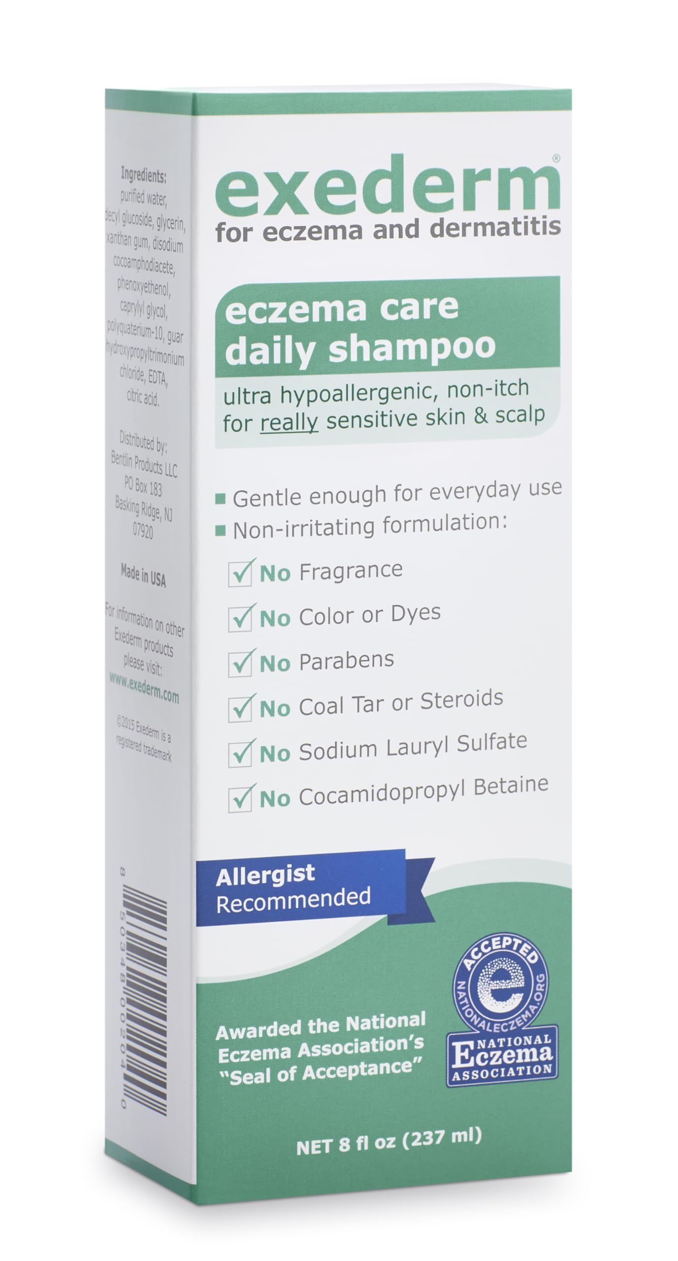 Exederm bottle front label showing gentle formula benefits