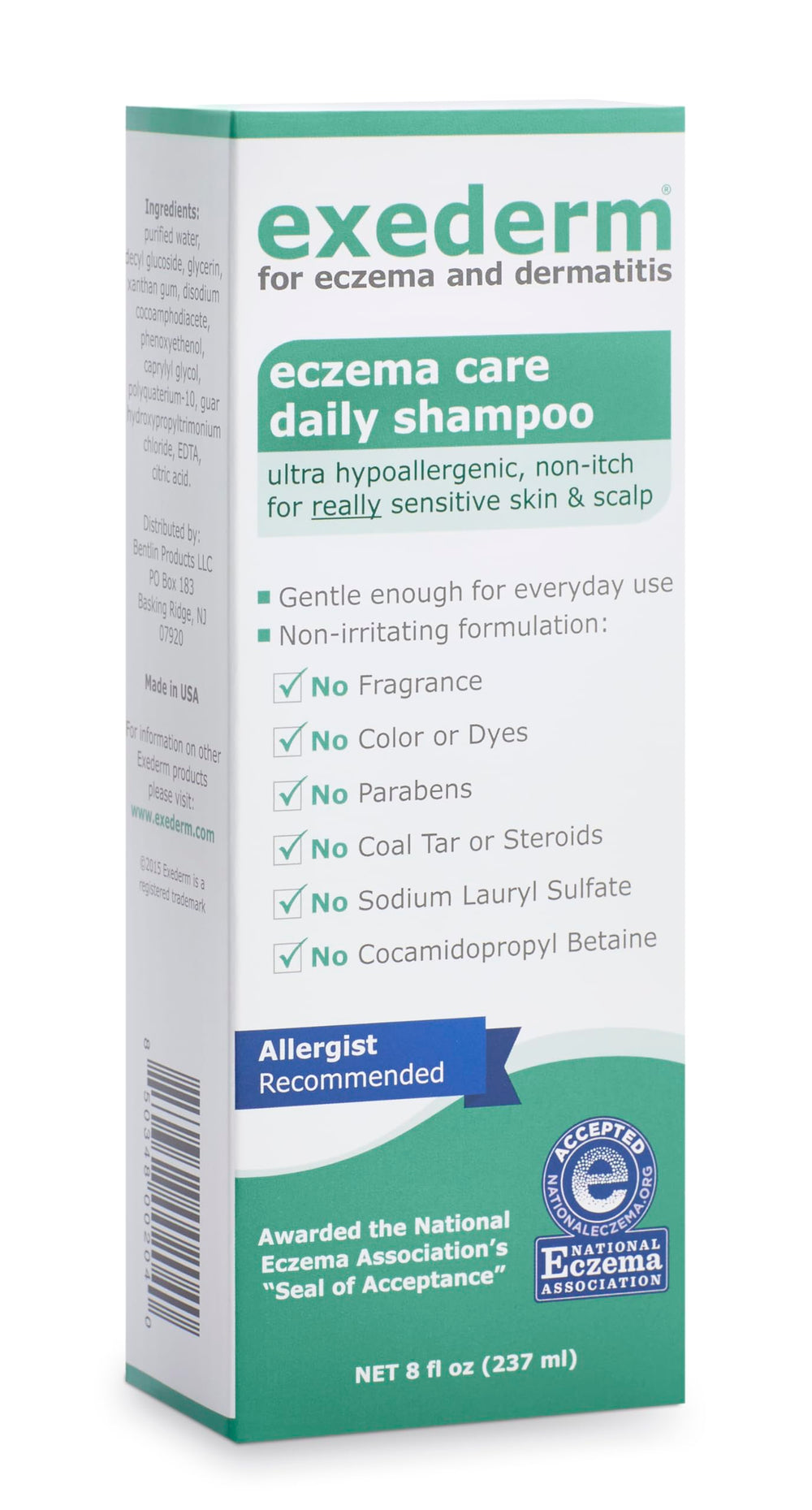 Exederm bottle front label showing gentle formula benefits