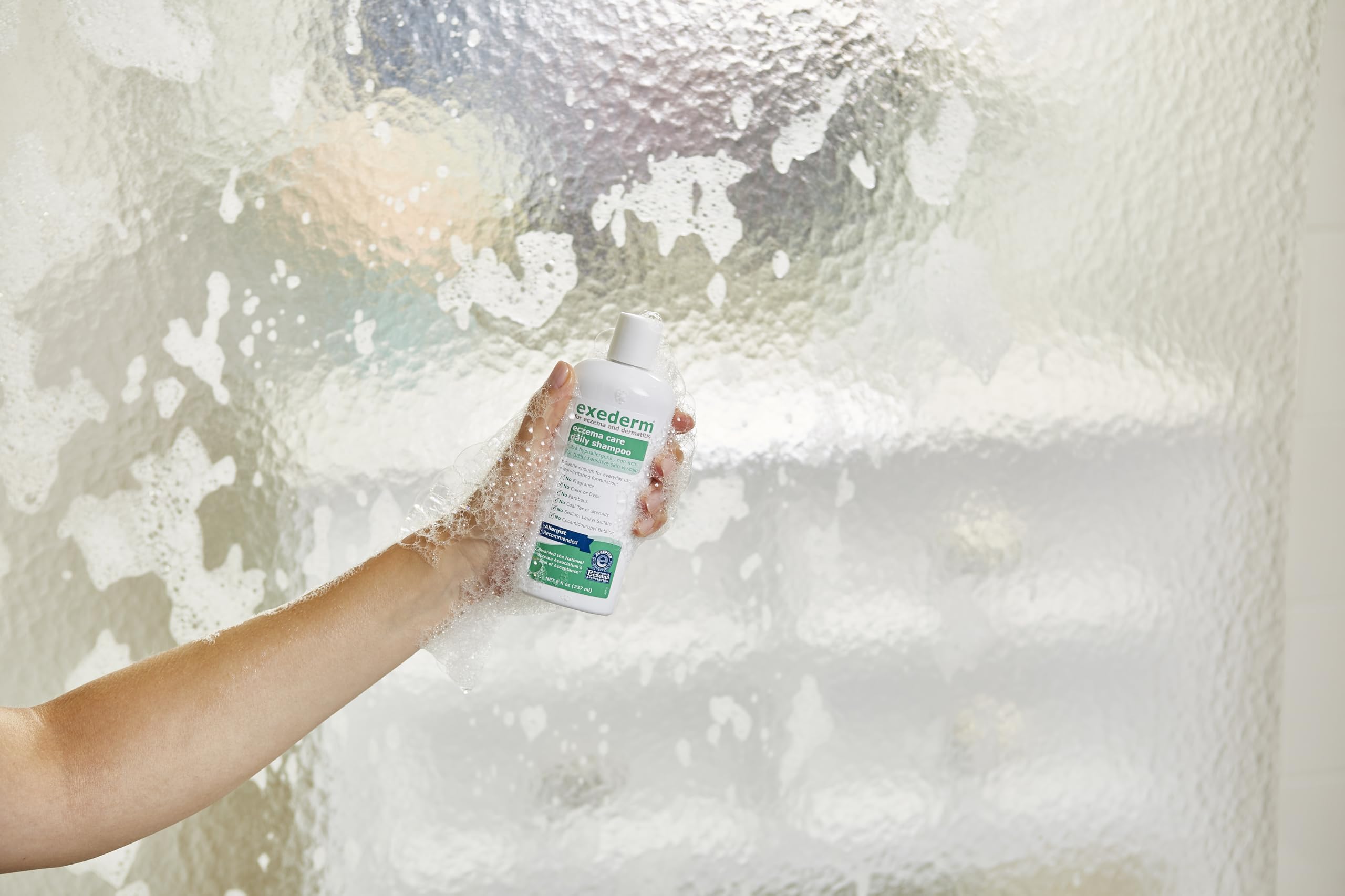 Exederm in bathroom routine demonstrating daily use benefit