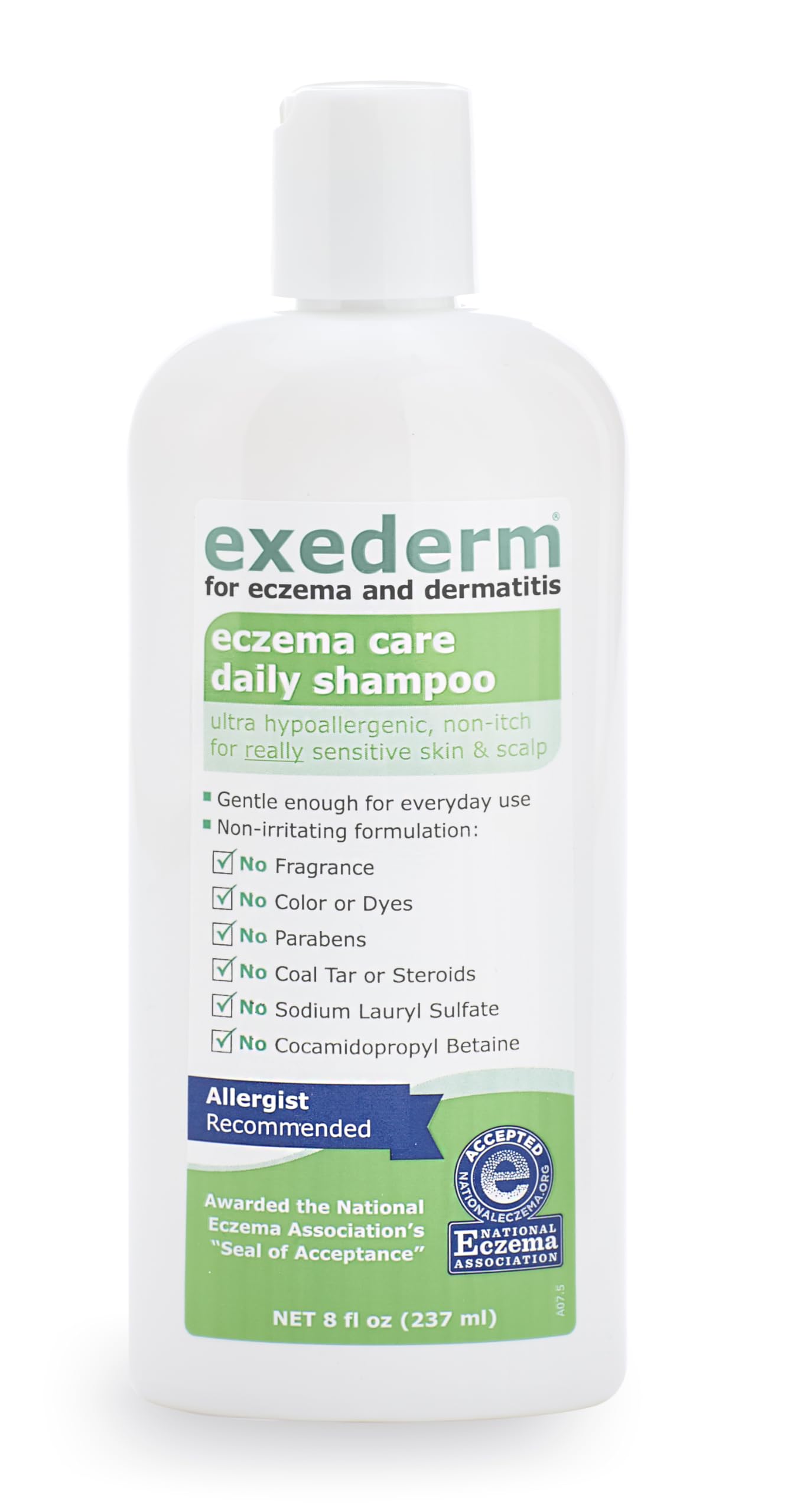 Exederm shampoo cap and pump close-up for easy dispensing