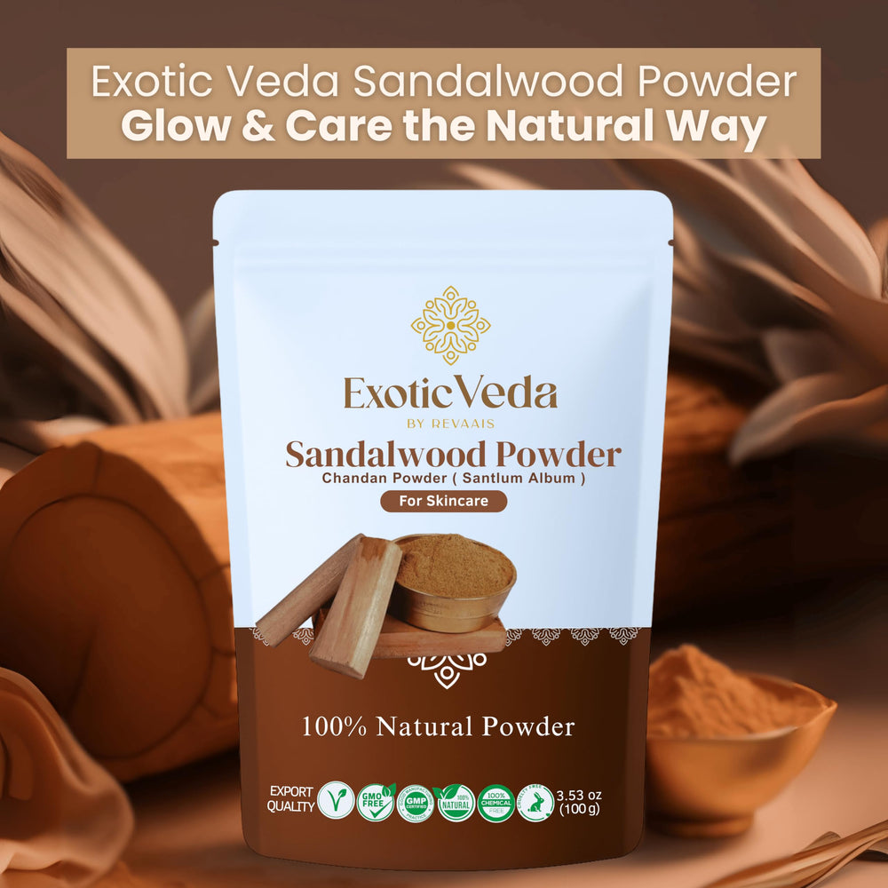 Exotic Veda sandalwood powder close-up showing fine texture and natural quality benefit