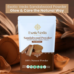 Exotic Veda sandalwood powder close-up showing fine texture and natural quality benefit