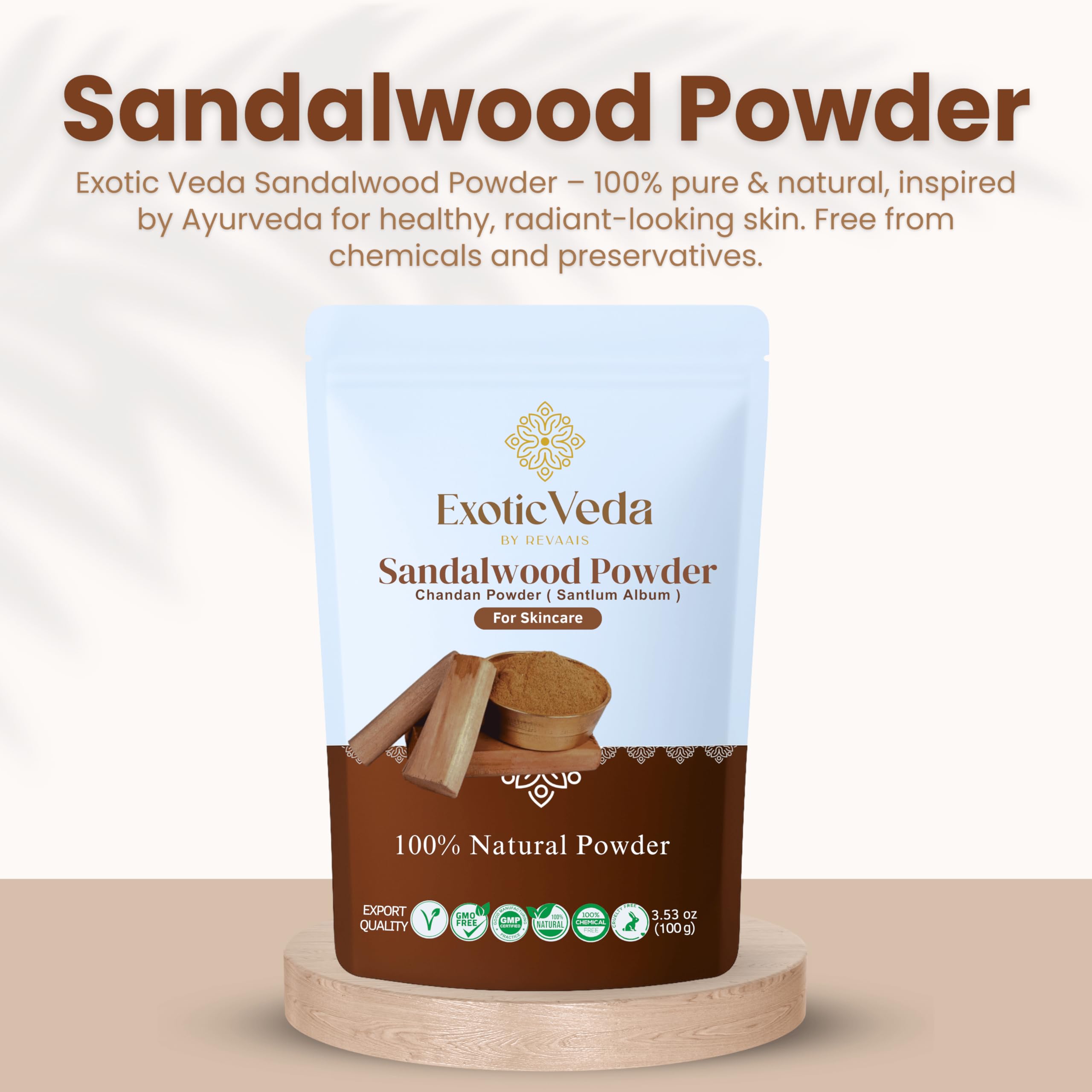 Exotic Veda powder on spoon highlighting smooth granules for easy mixing and application
