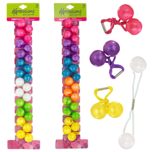 Expressions front packaging showing 24 colorful ponytail balls and value pack benefit