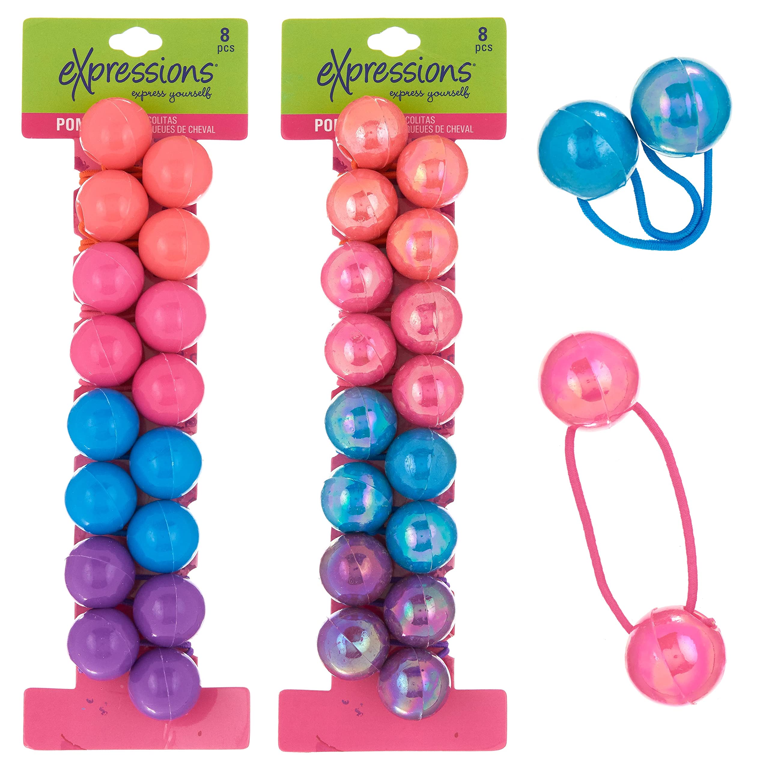 EXPRESSIONS front packaging showing 16 colorful ponytail balls and value pack benefit