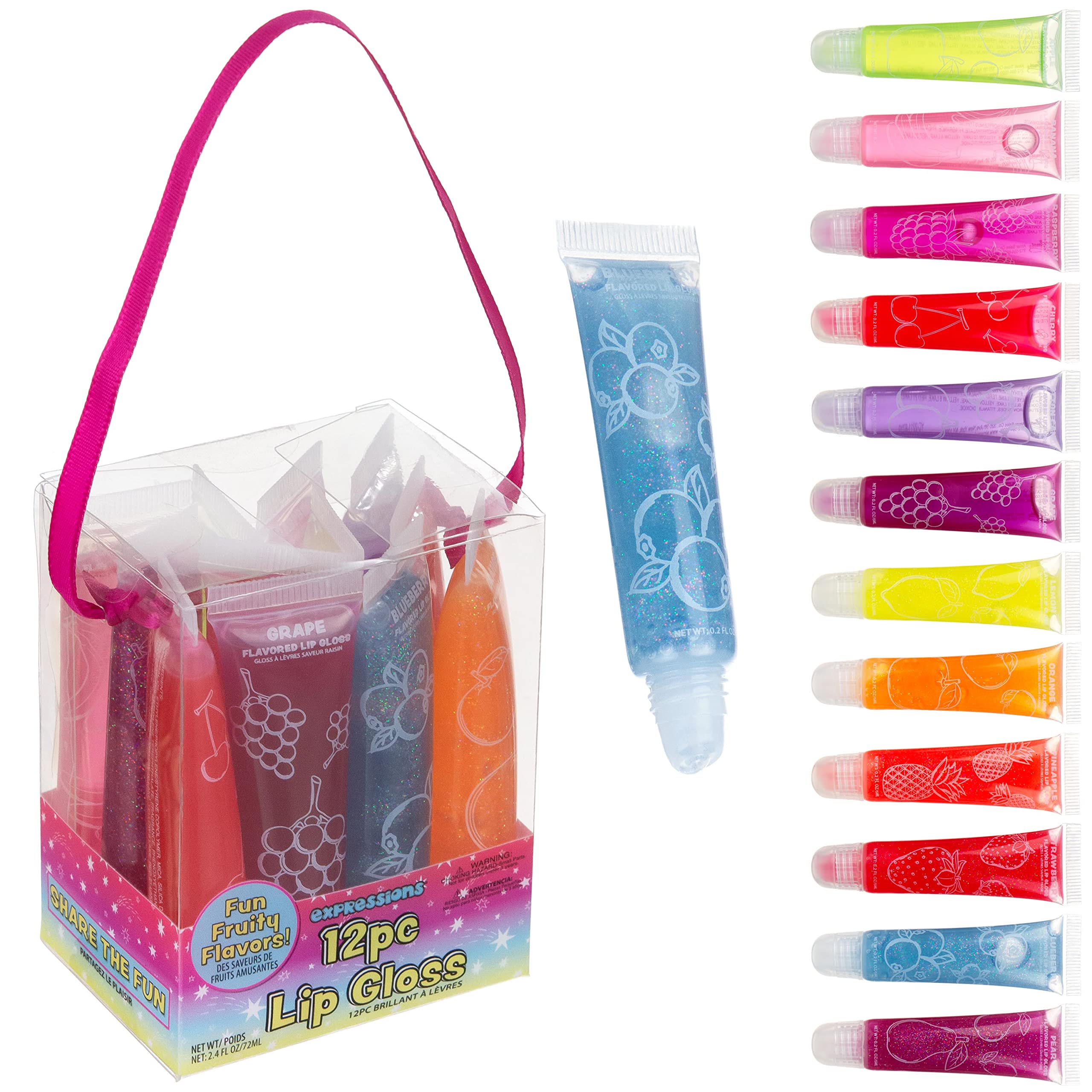 EXPRESSIONS front packaging showing 12 glosses and pink ribbon handle convenience
