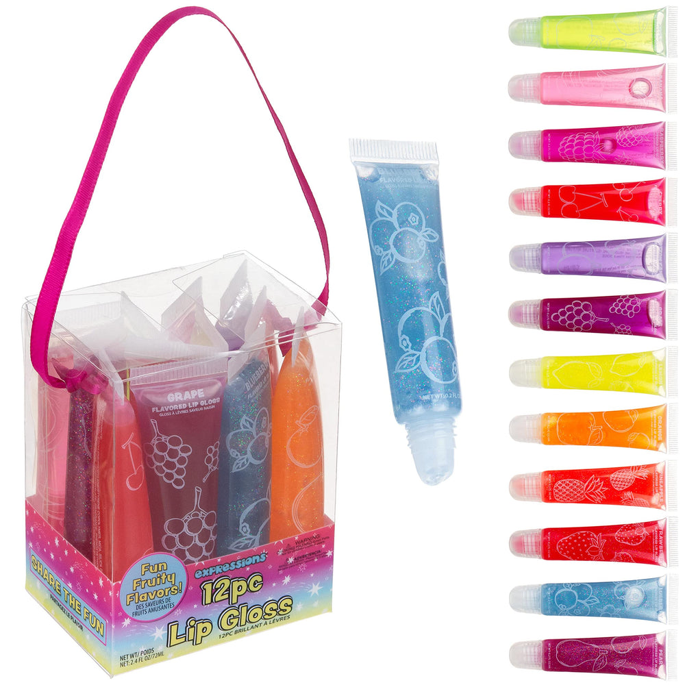 EXPRESSIONS front packaging showing 12 glosses and pink ribbon handle convenience