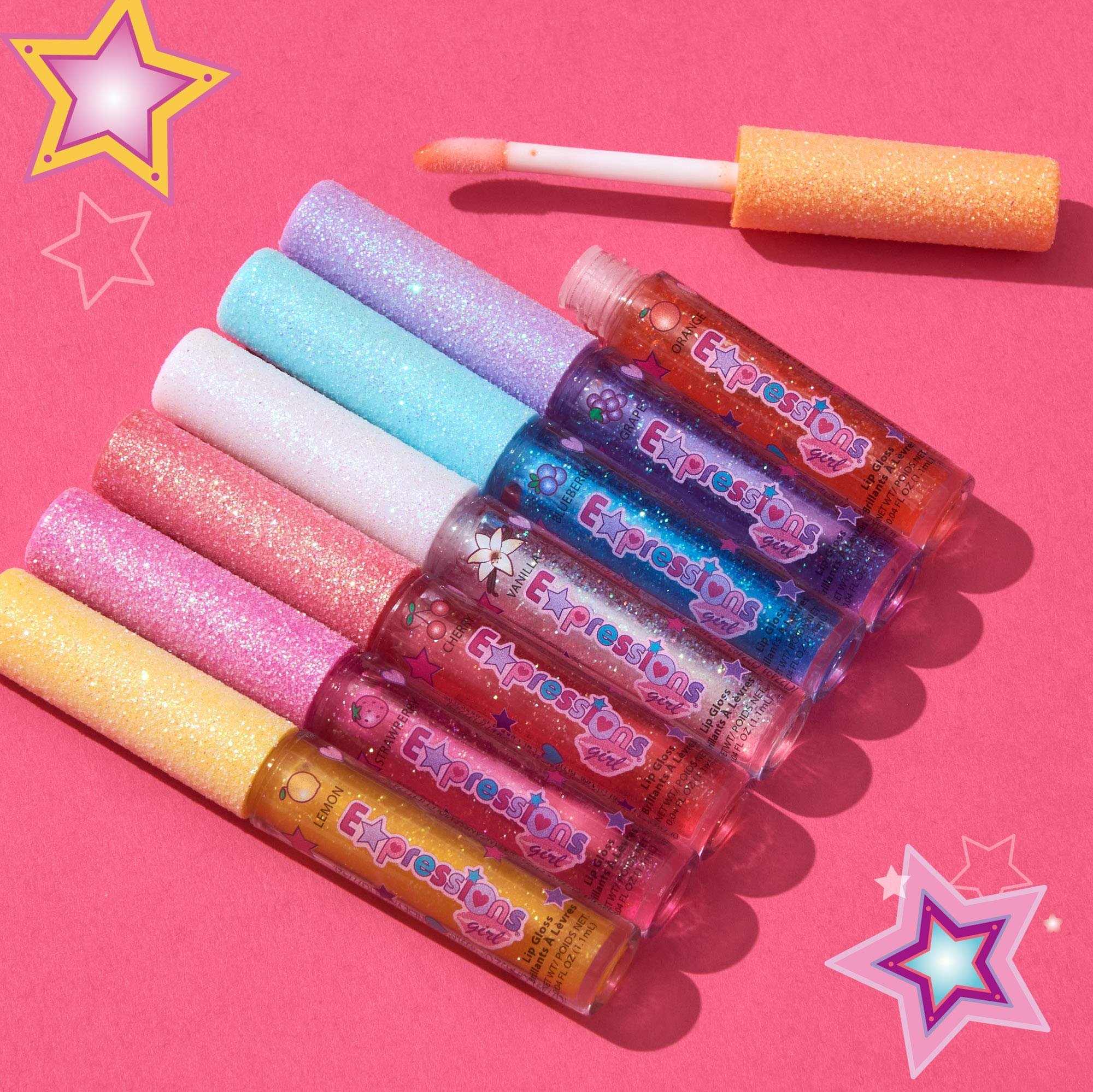 Expressions girl flavor labels detail highlighting fruity names and color cues