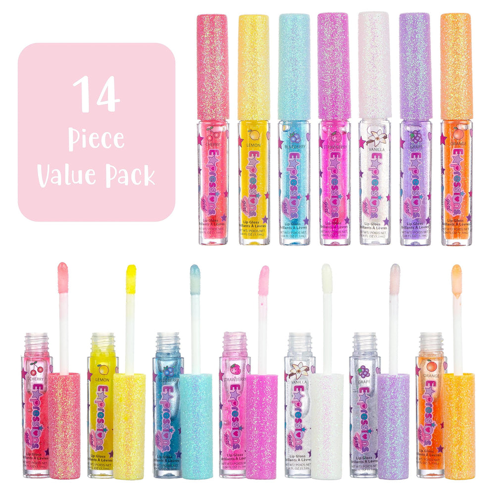 Expressions Girl seven flavored glosses laid out showing color variety and choices