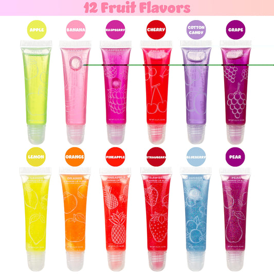EXPRESSIONS open case displaying all twelve fruit flavored gloss tubes neatly