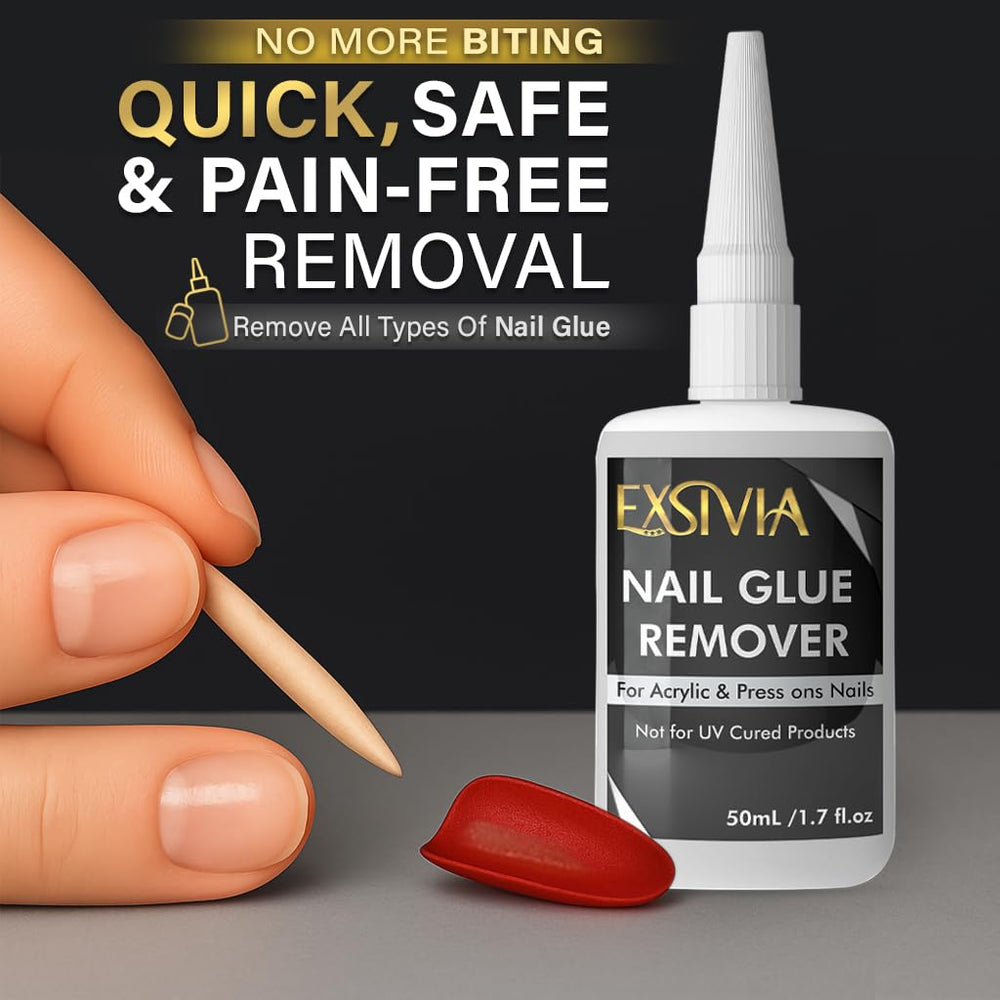 EXSIVIA on a vanity with nails and tools portraying easy at-home nail care