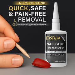 EXSIVIA on a vanity with nails and tools portraying easy at-home nail care