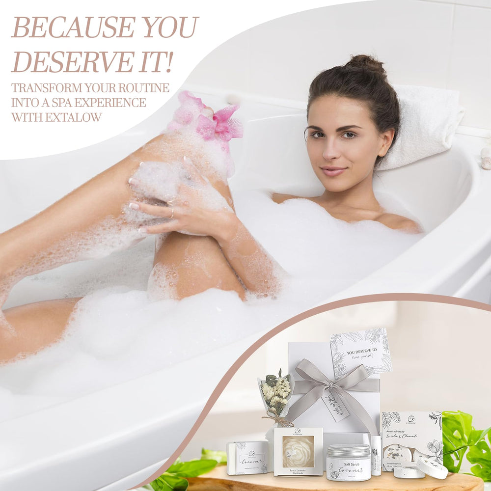 EXTALOW lavender shower steamers arranged highlighting aromatherapy benefit in shower