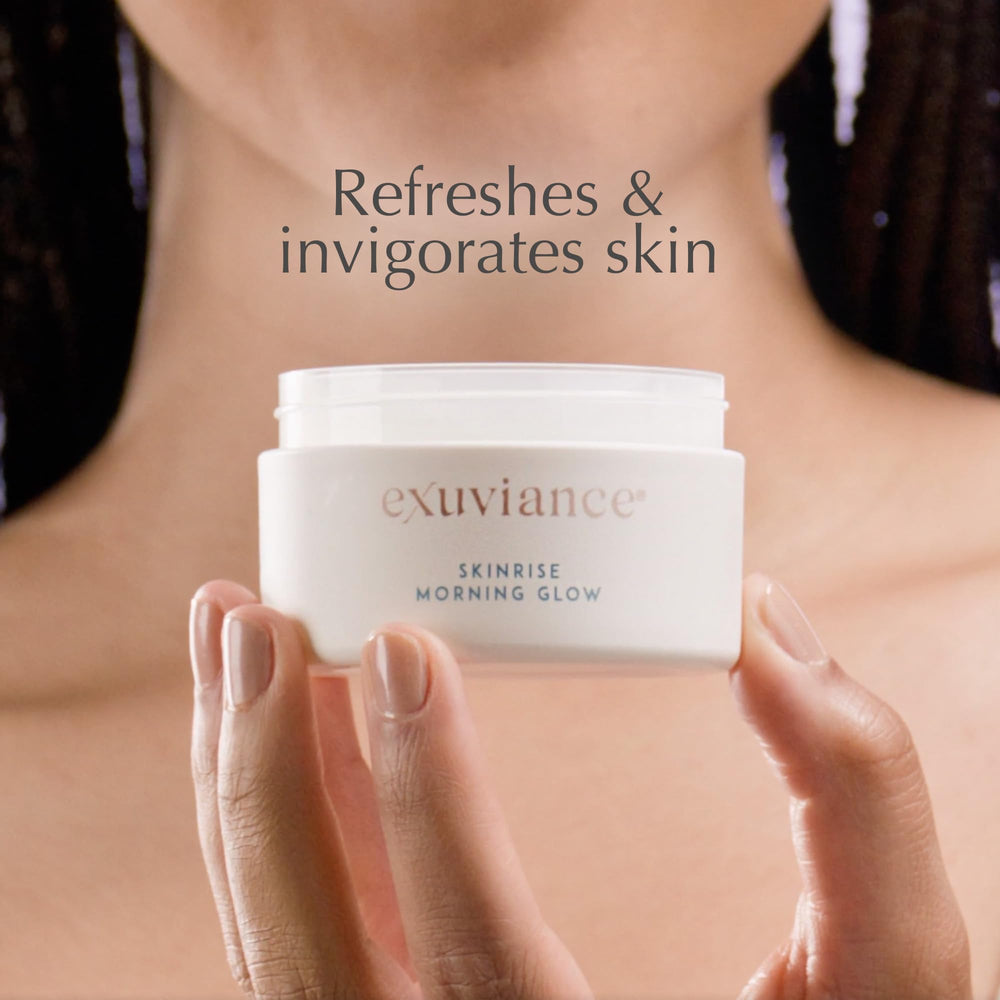 EXUVIANCE pads on bathroom counter in routine scene showing effortless use