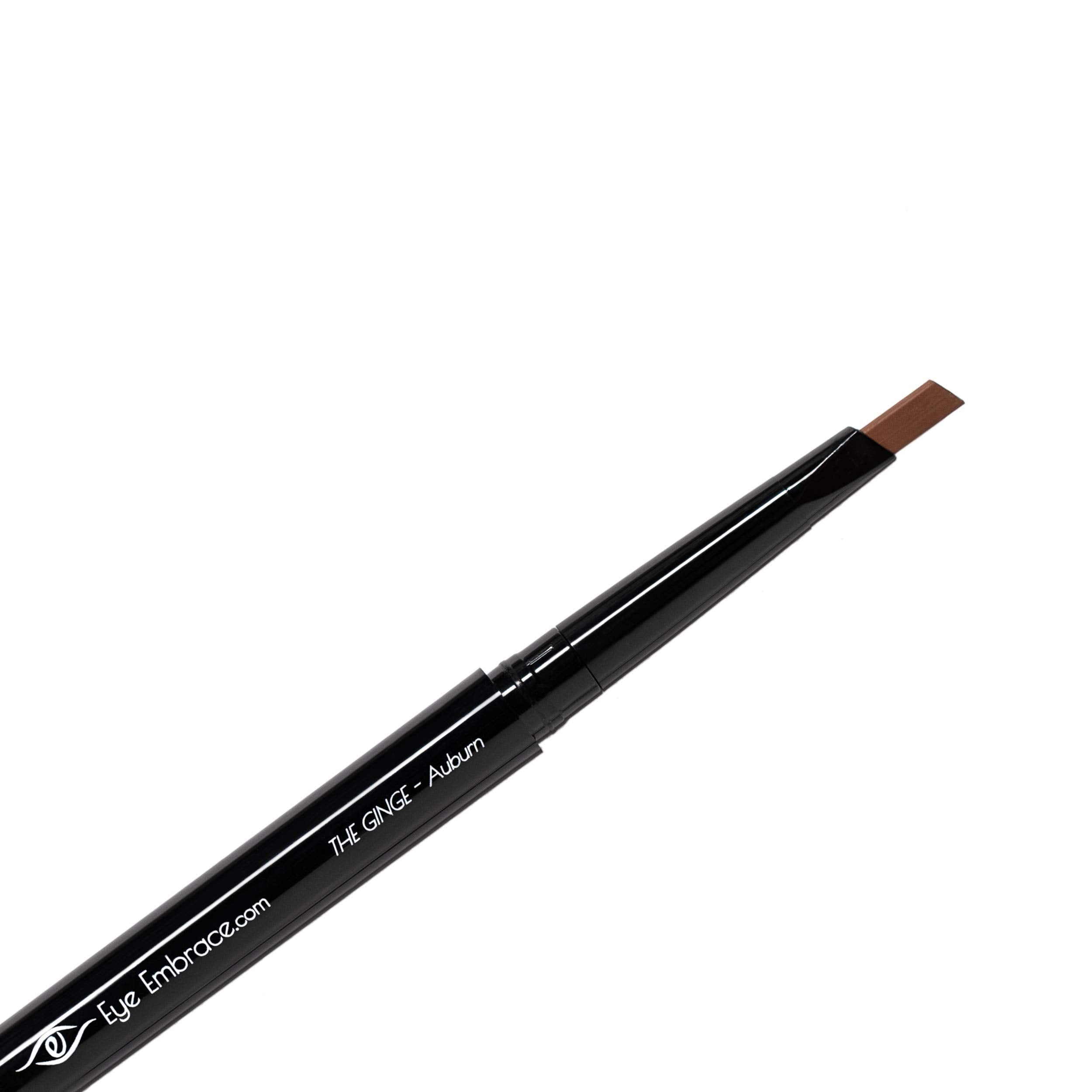 Eye Embrace front packaging showing auburn eyebrow pencil, highlights ethical branding