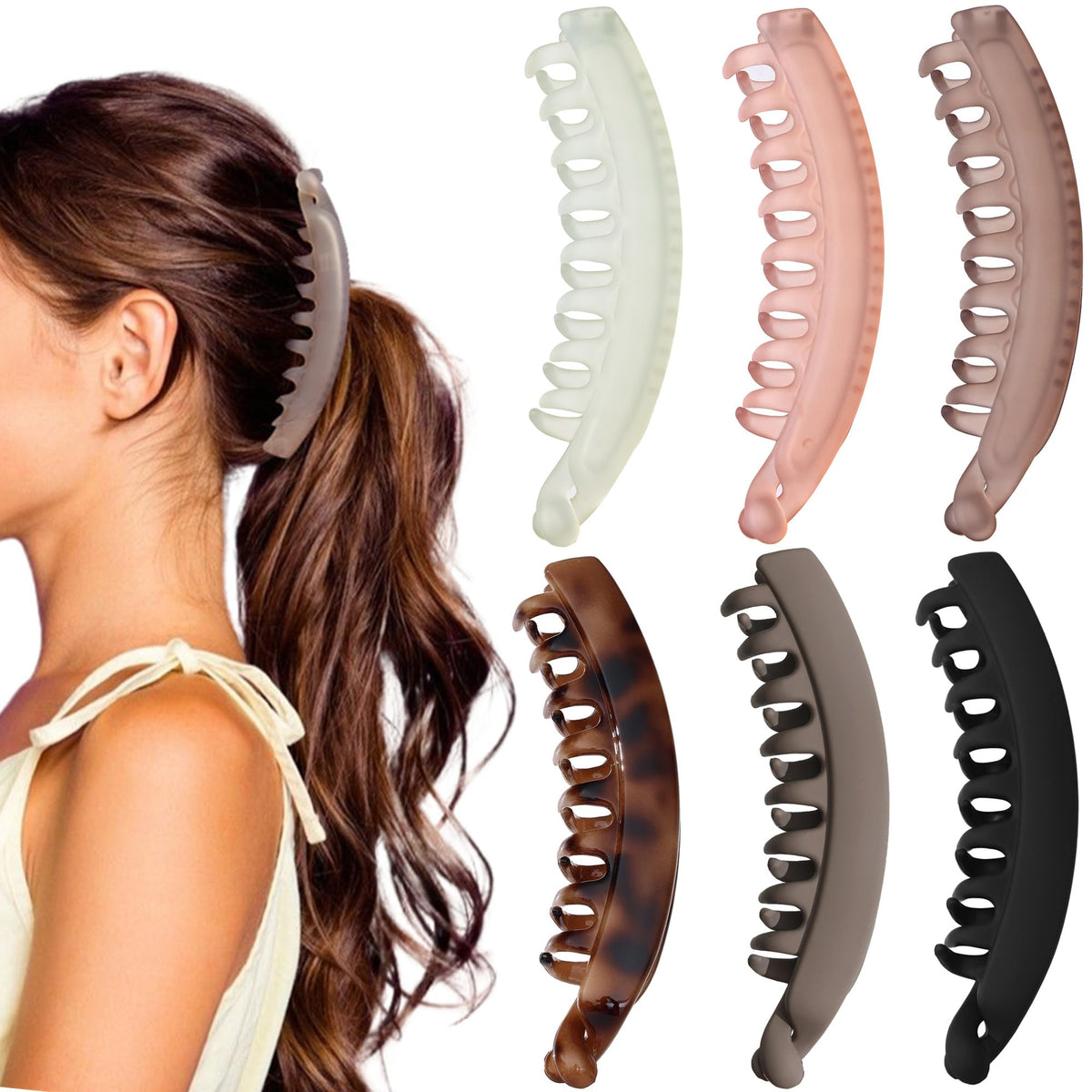 Eyegla front packaging showing six neutral banana clips and practical gift box