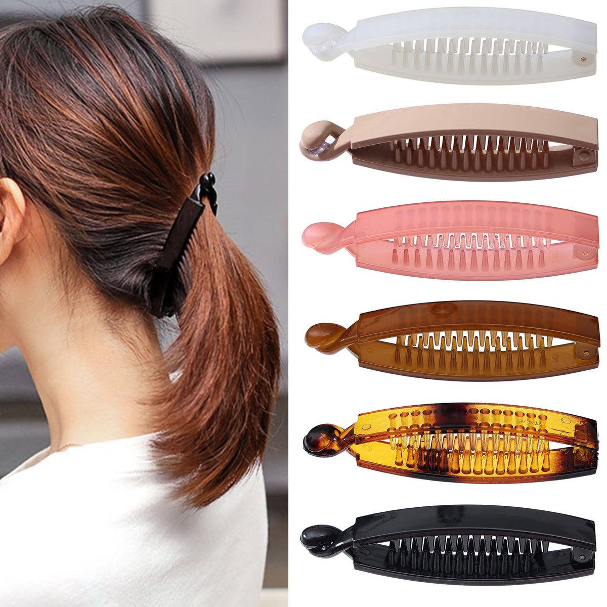 Eyegla front packaging showing six colorful banana clips, convenient gift