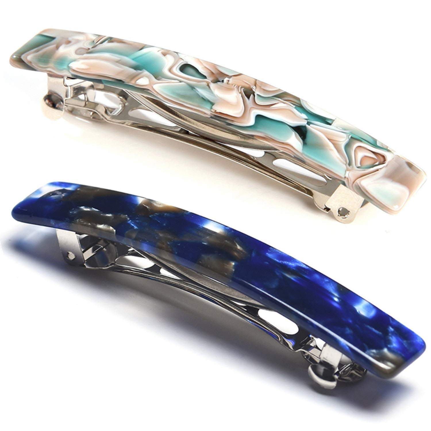 Eyegla front packaging showing two tortoise shell barrettes and gift box, stylish present benefit