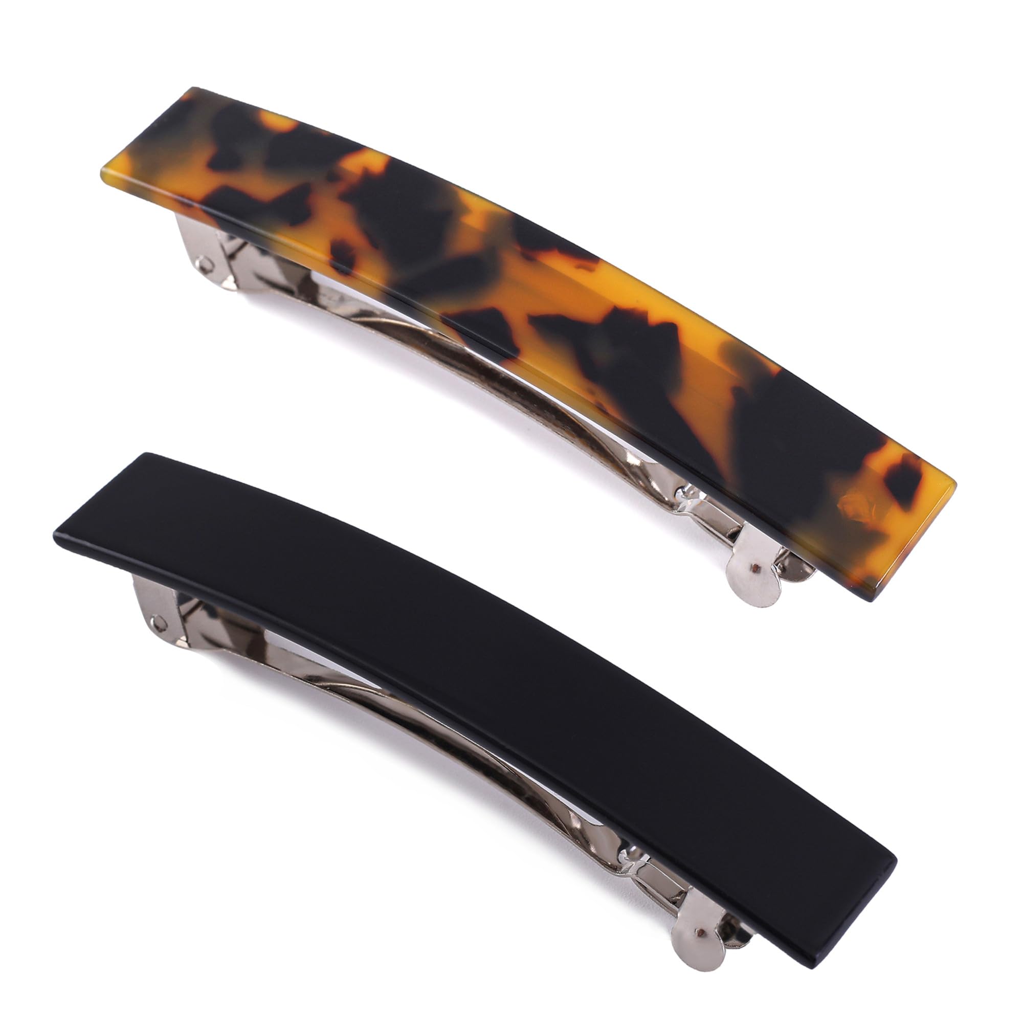 Eyegla tortoise shell barrettes front view showing classic pattern and versatility