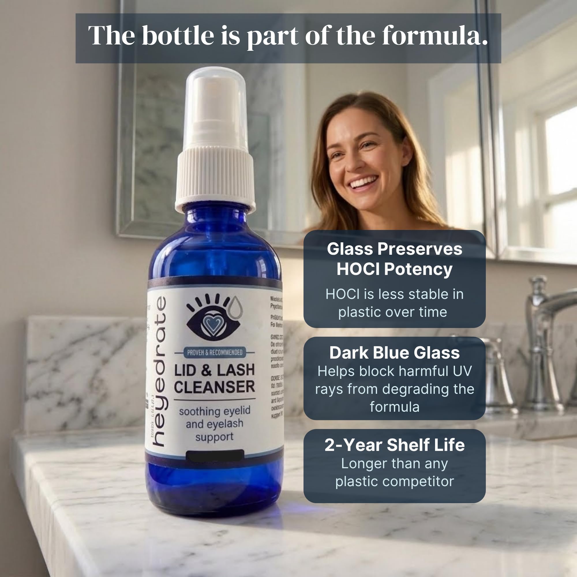 Eye Love bottle on bathroom counter in routine setting supporting daily use