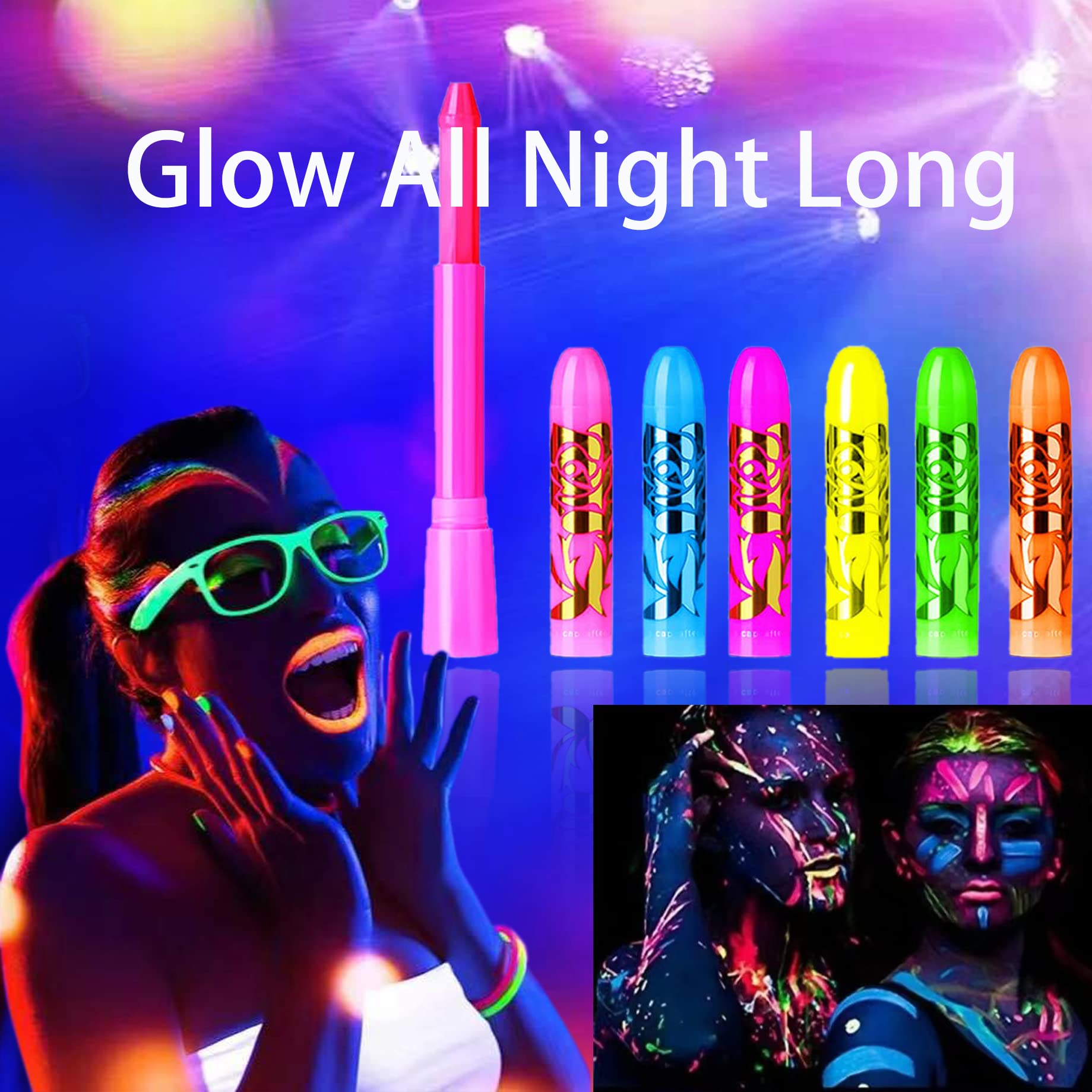 eyigylyo applied on cheek under black light demonstrating bold UV glow
