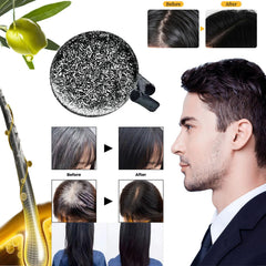 Black sesame seeds and argan oil near F FENG PEI bar depicting natural darkening ingredients