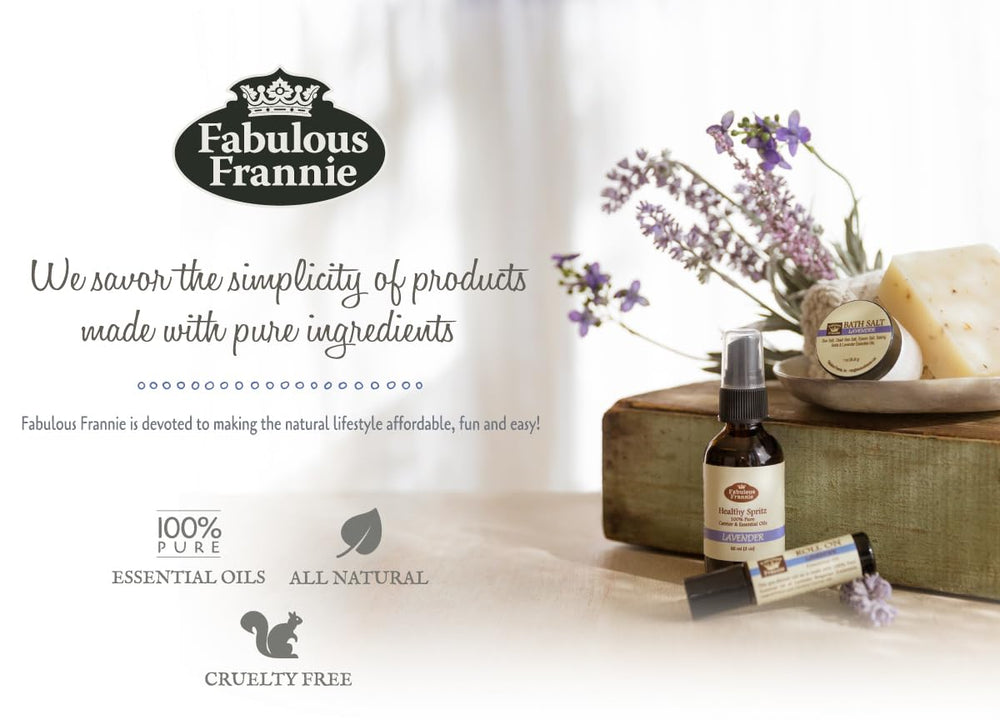 Fabulous Frannie soap in bathroom setting showing 4oz bar on tray and calming patchouli aroma