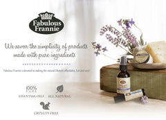 Fabulous Frannie soap in bathroom setting showing 4oz bar on tray and calming patchouli aroma