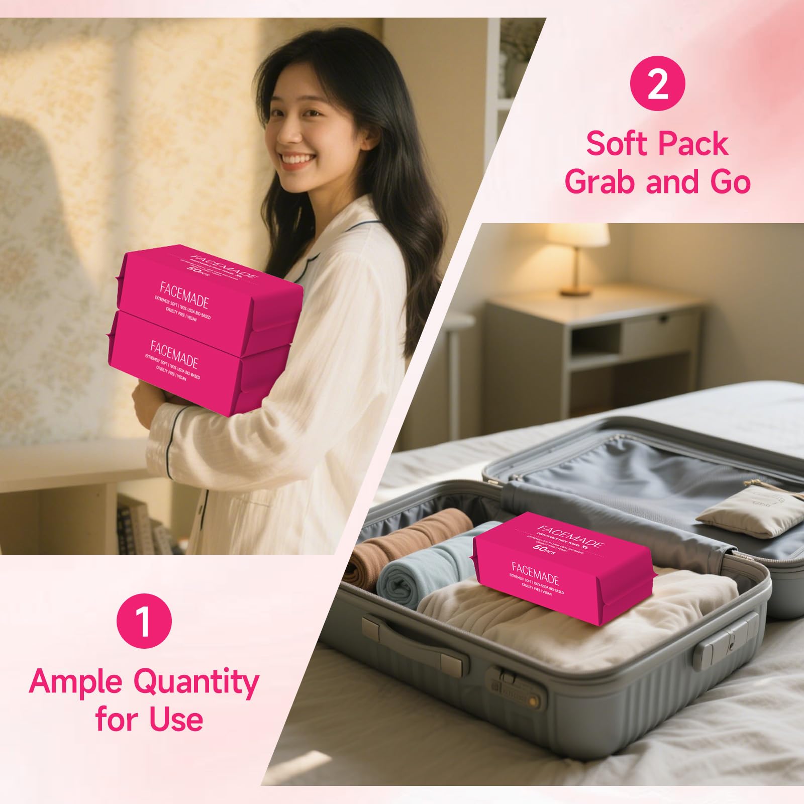 FACEMADE towel held in hand to show scale and generous coverage
