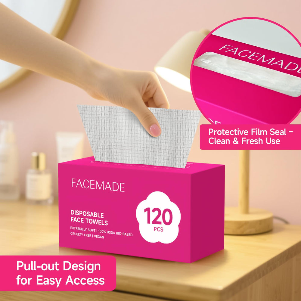 FACEMADE towel removing makeup demonstrating gentle, lint-free cleansing benefit