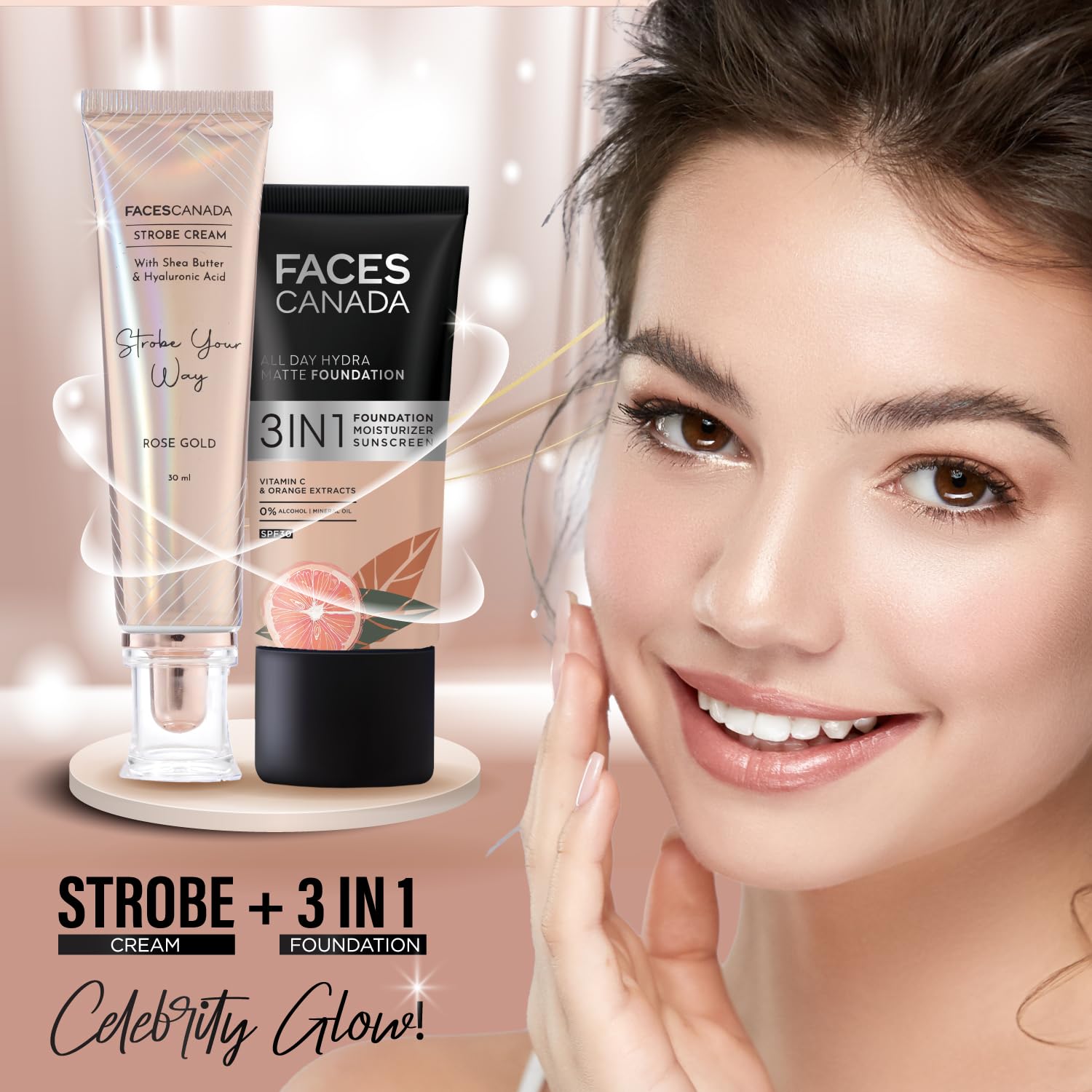 FACESCANADA strobe cream application on cheek demonstrating blendable highlight and natural dewy look