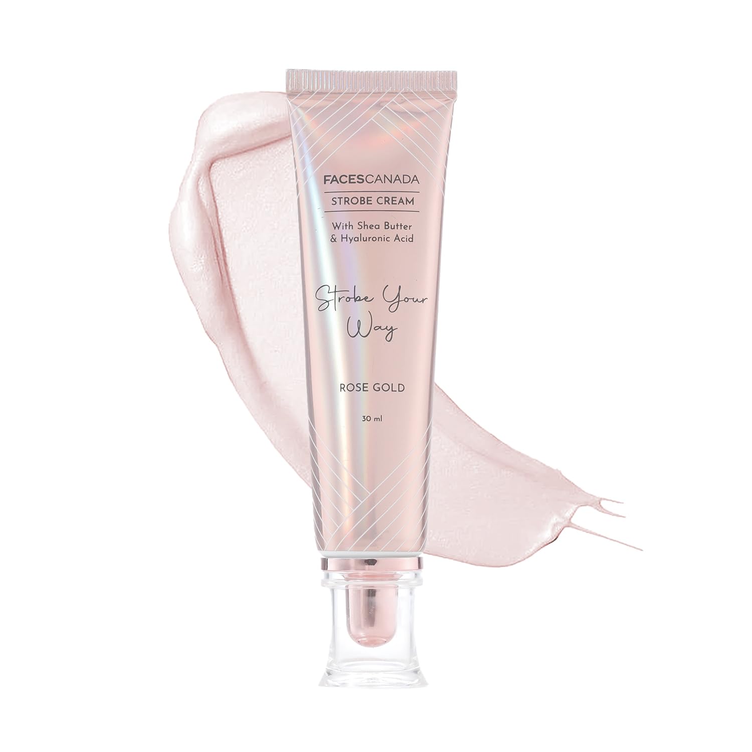 FACESCANADA strobe cream front packaging showing compact tube and Rose Gold finish, boosts glow