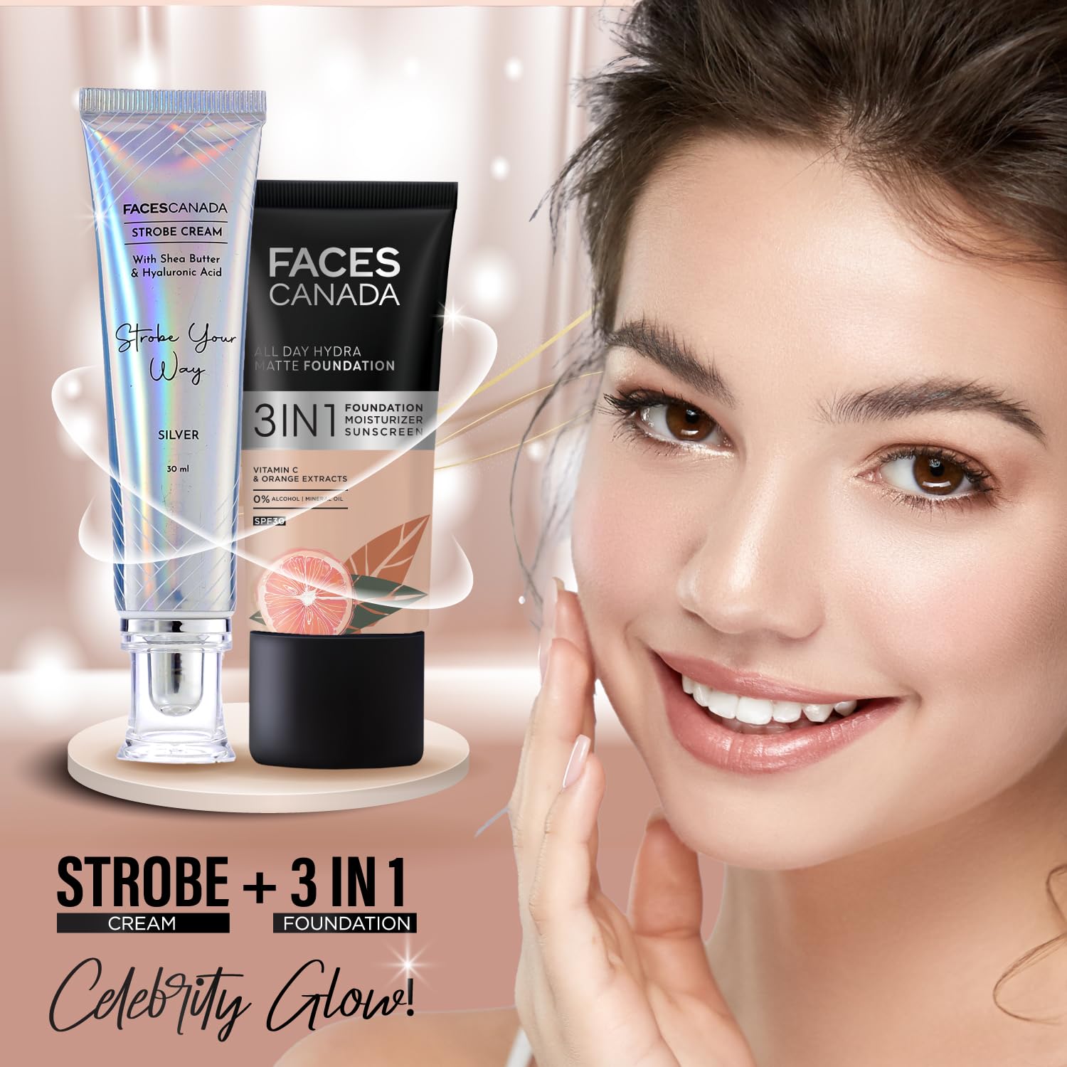 FACESCANADA applied by model in mirror for instant radiant complexion