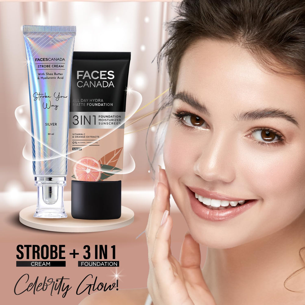 FACESCANADA applied by model in mirror for instant radiant complexion