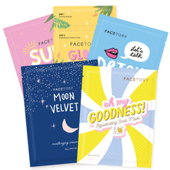 FACETORY front packaging showing five masks and benefits, easy selection
