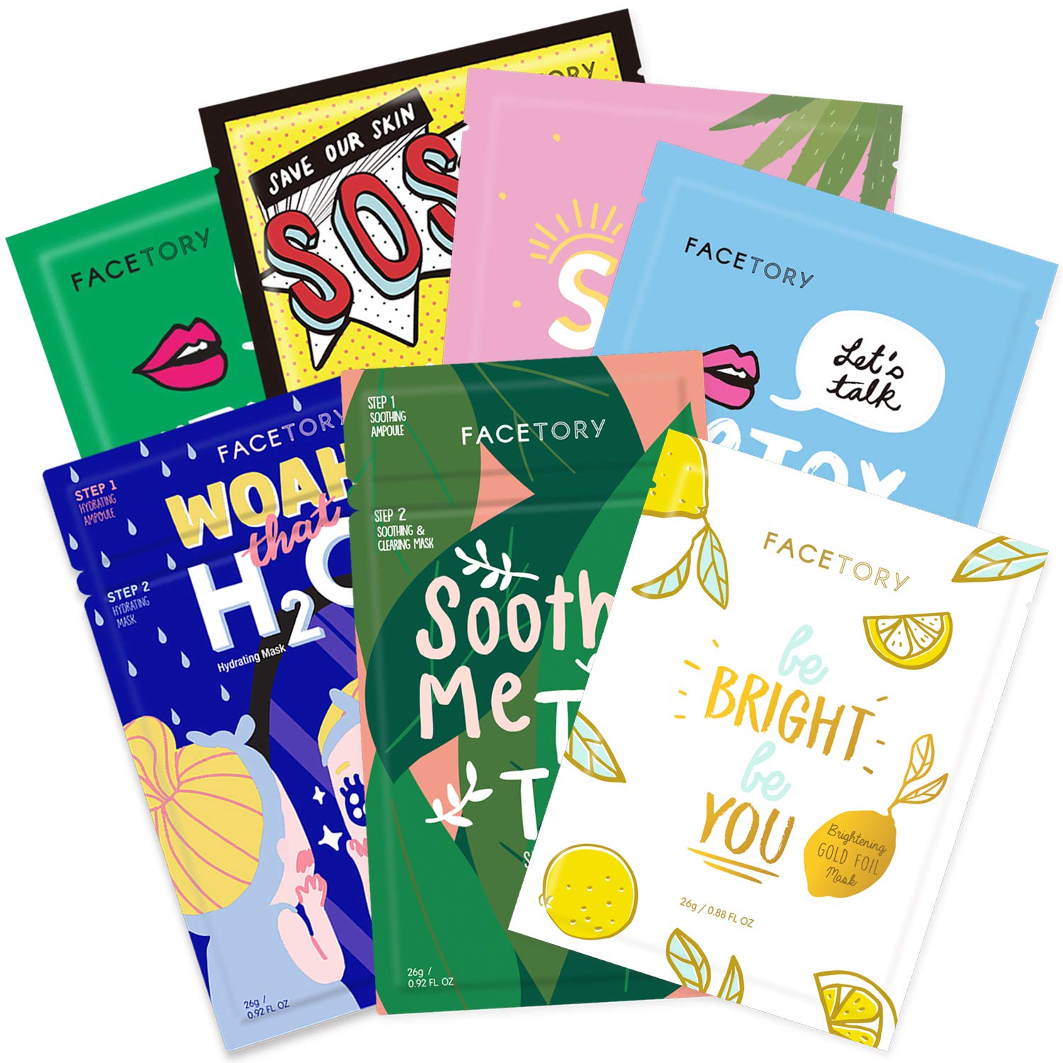 FACETORY front packaging showing seven mask pouches and branding benefit convenience