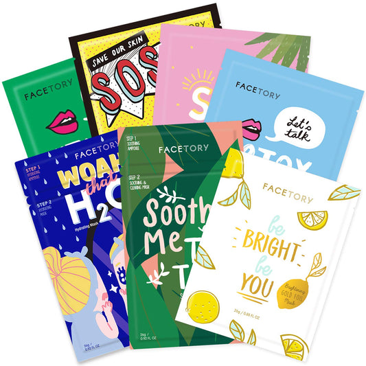 FACETORY front packaging showing seven mask pouches and branding benefit convenience