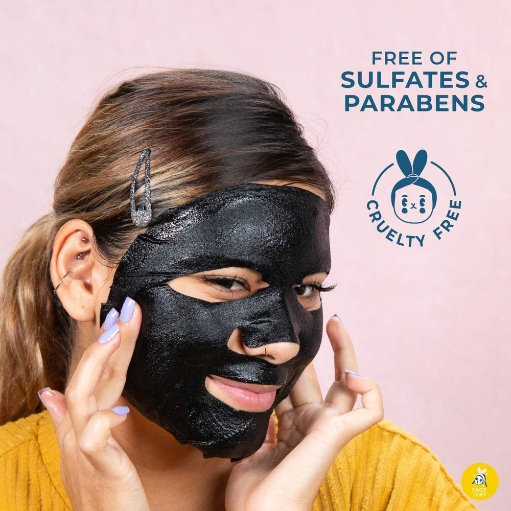 FACETORY sheet mask staged in bathroom setting showing relaxing routine