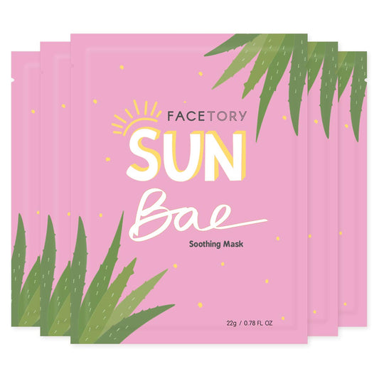 FACETORY front packaging showing five SUN BAE masks and calming design benefit
