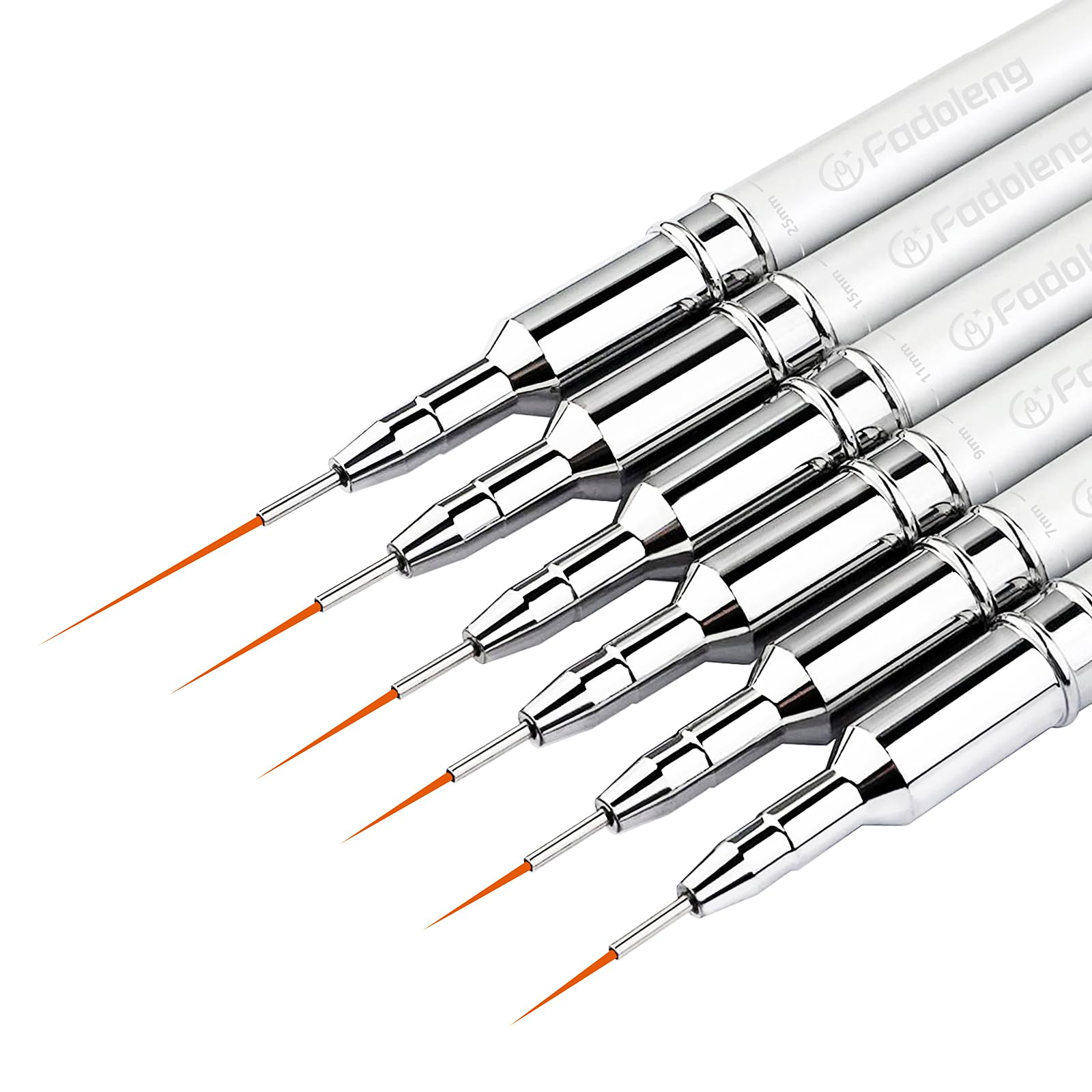 Fadoleng front view of six liner brushes showing sizes and neat packaging, ideal for organized storage