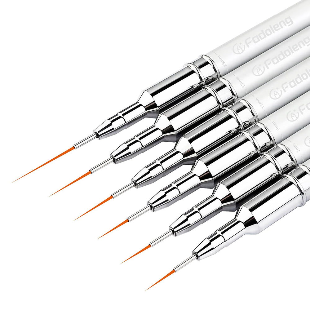 Fadoleng front view of six liner brushes showing sizes and neat packaging, ideal for organized storage