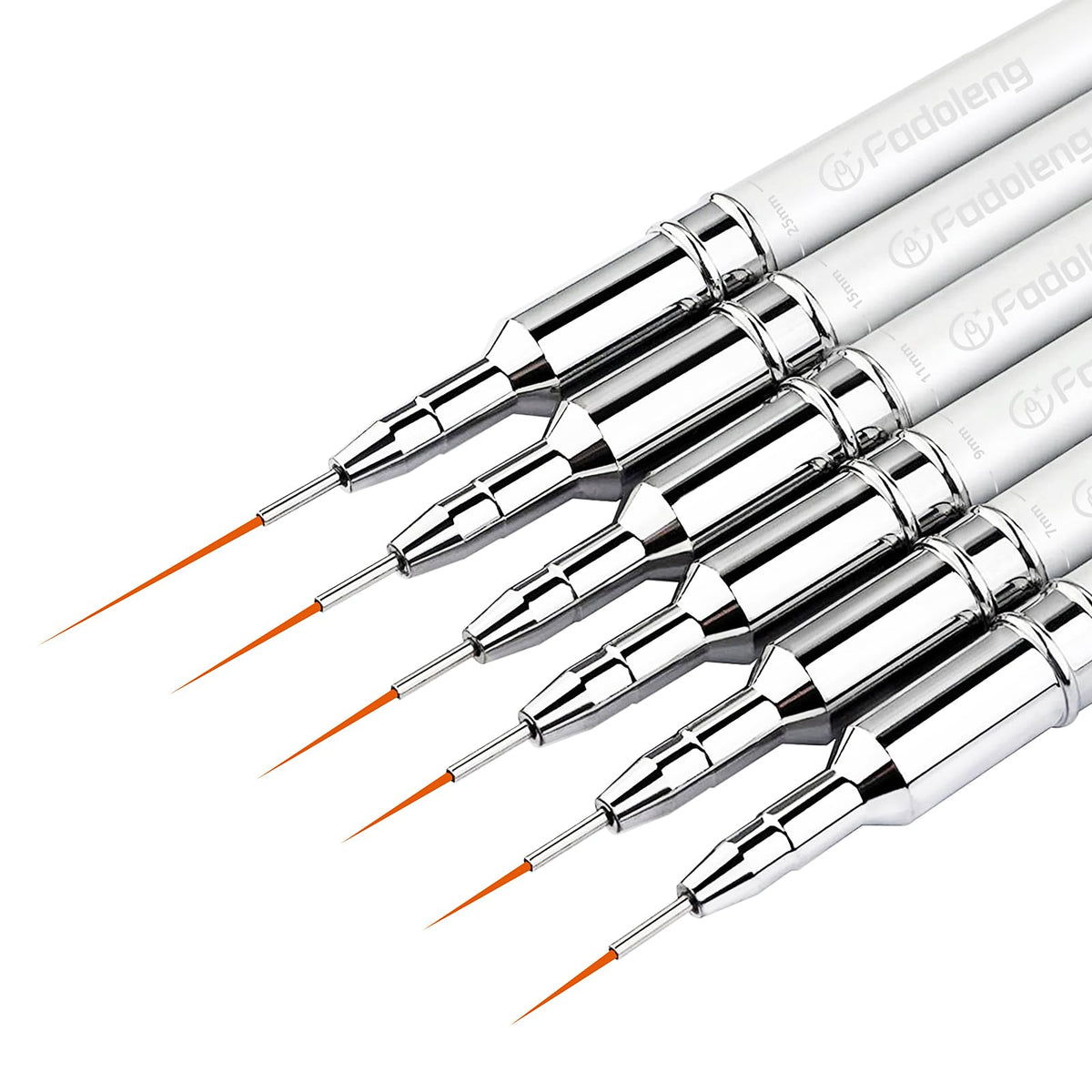Fadoleng front view of six liner brushes showing sizes and neat packaging, ideal for organized storage