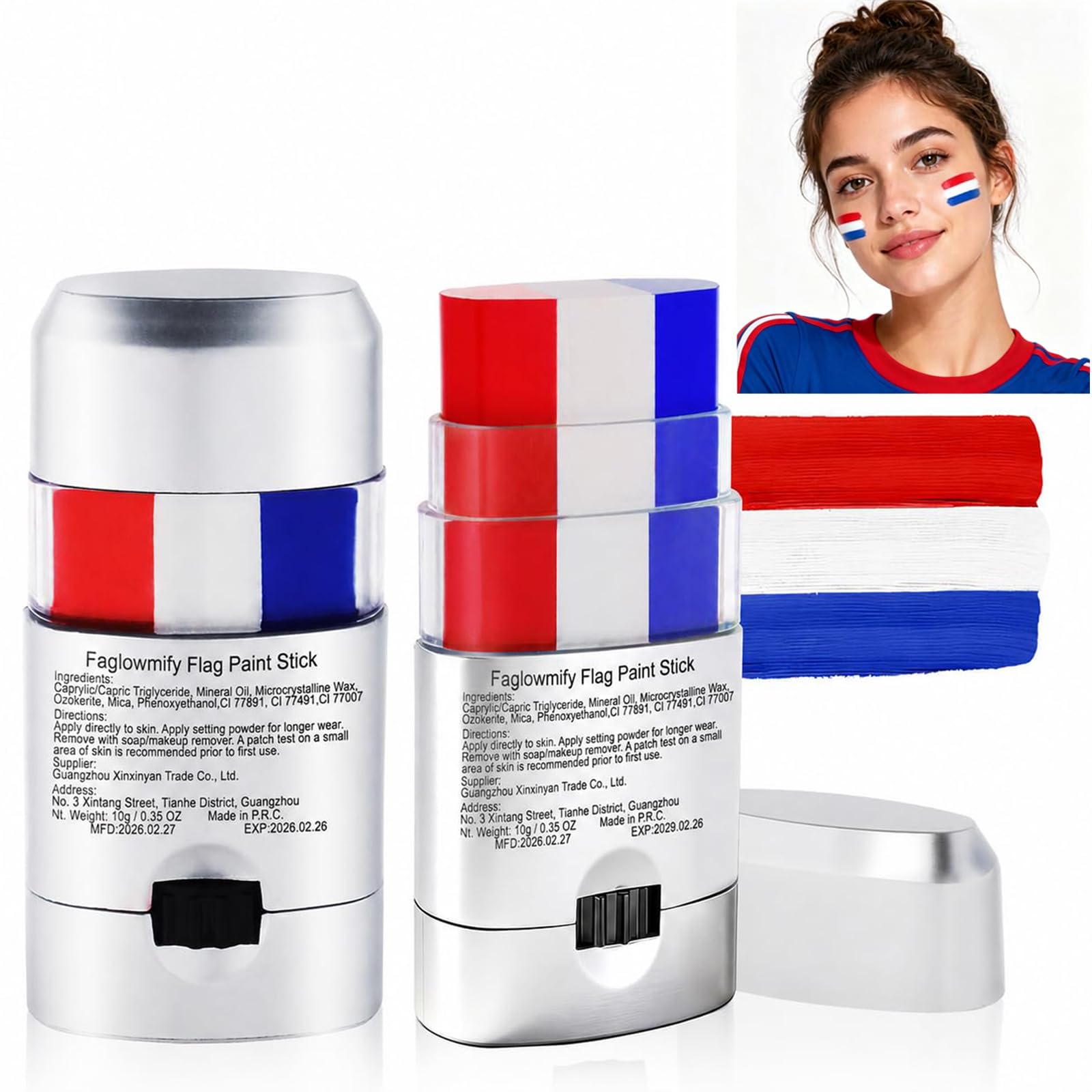 faglowmify front packaging showing two patriotic face paint sticks and benefits