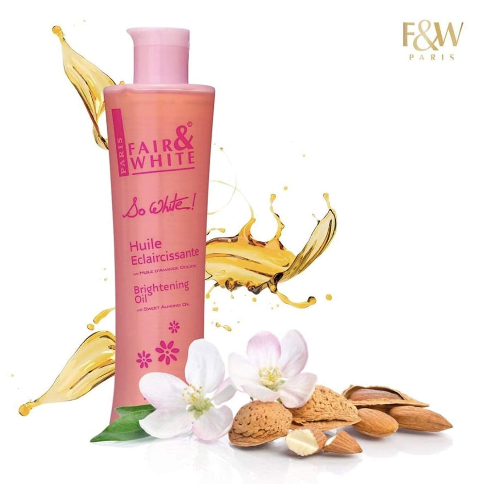 FAIR & WHITE bottle on bathroom shelf conveying daily skincare use