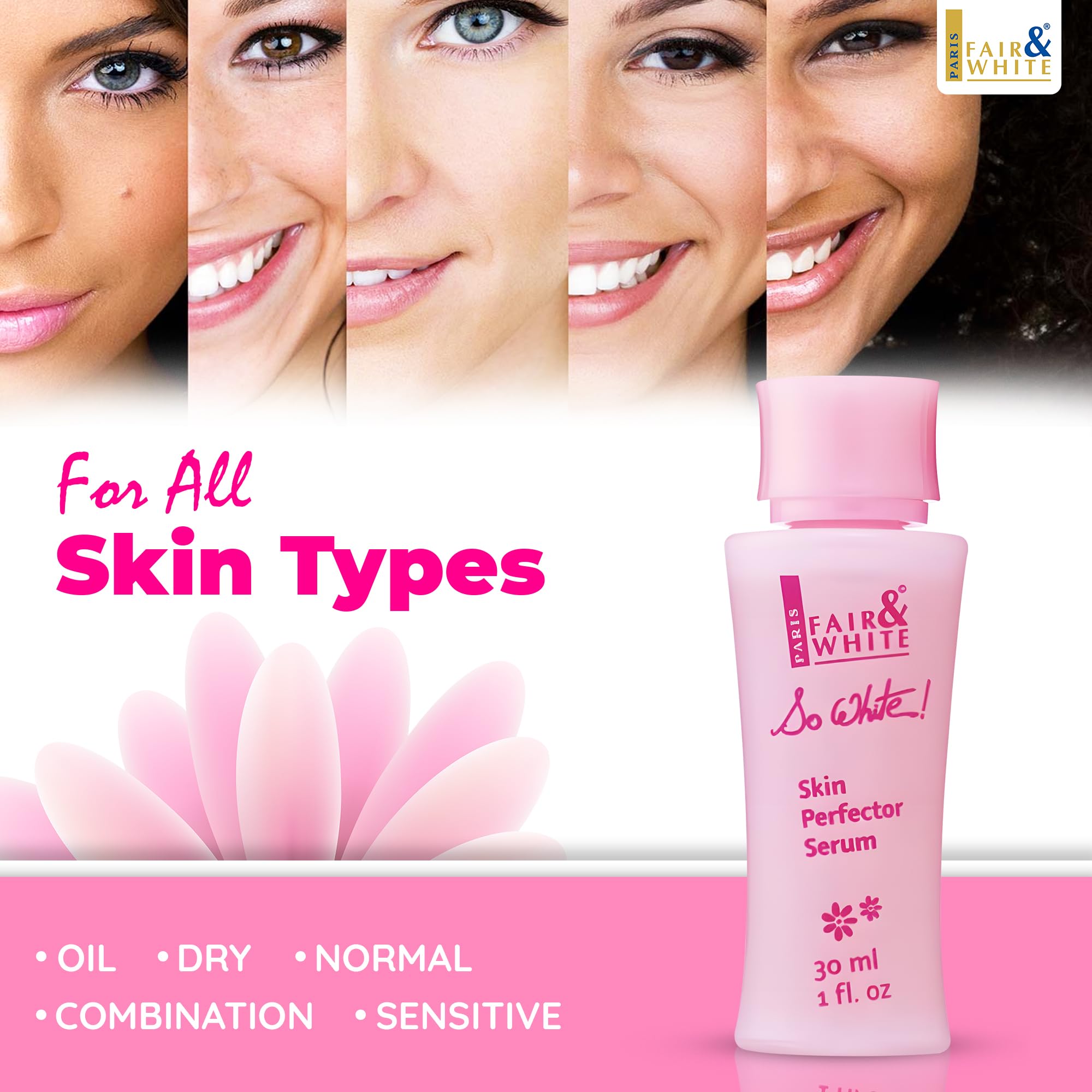 FAIR & WHITE bottle in hand demonstrating compact 30ml travel-friendly size