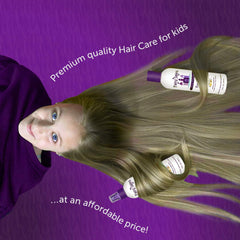 Fairy Tales conditioner in hand showing 12 oz scale and easy dosing benefit