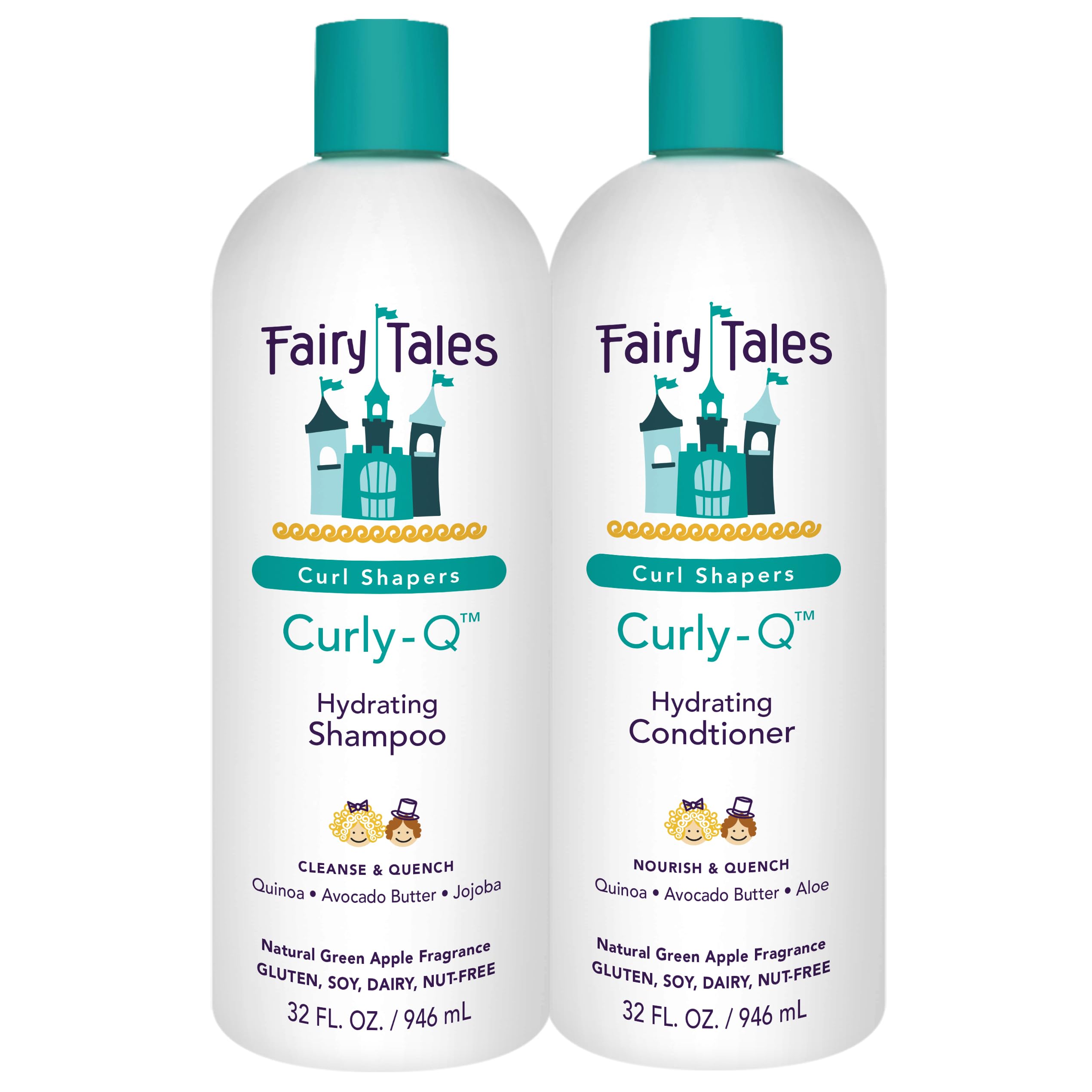 Fairy Tales Curly-Q front packaging shows 32 oz two-pack and kid-friendly design benefits