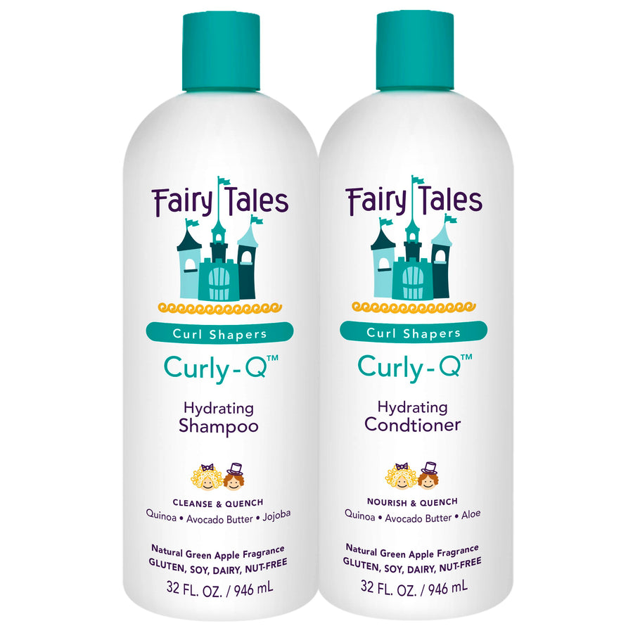 Fairy Tales Curly-Q front packaging shows 32 oz two-pack and kid-friendly design benefits